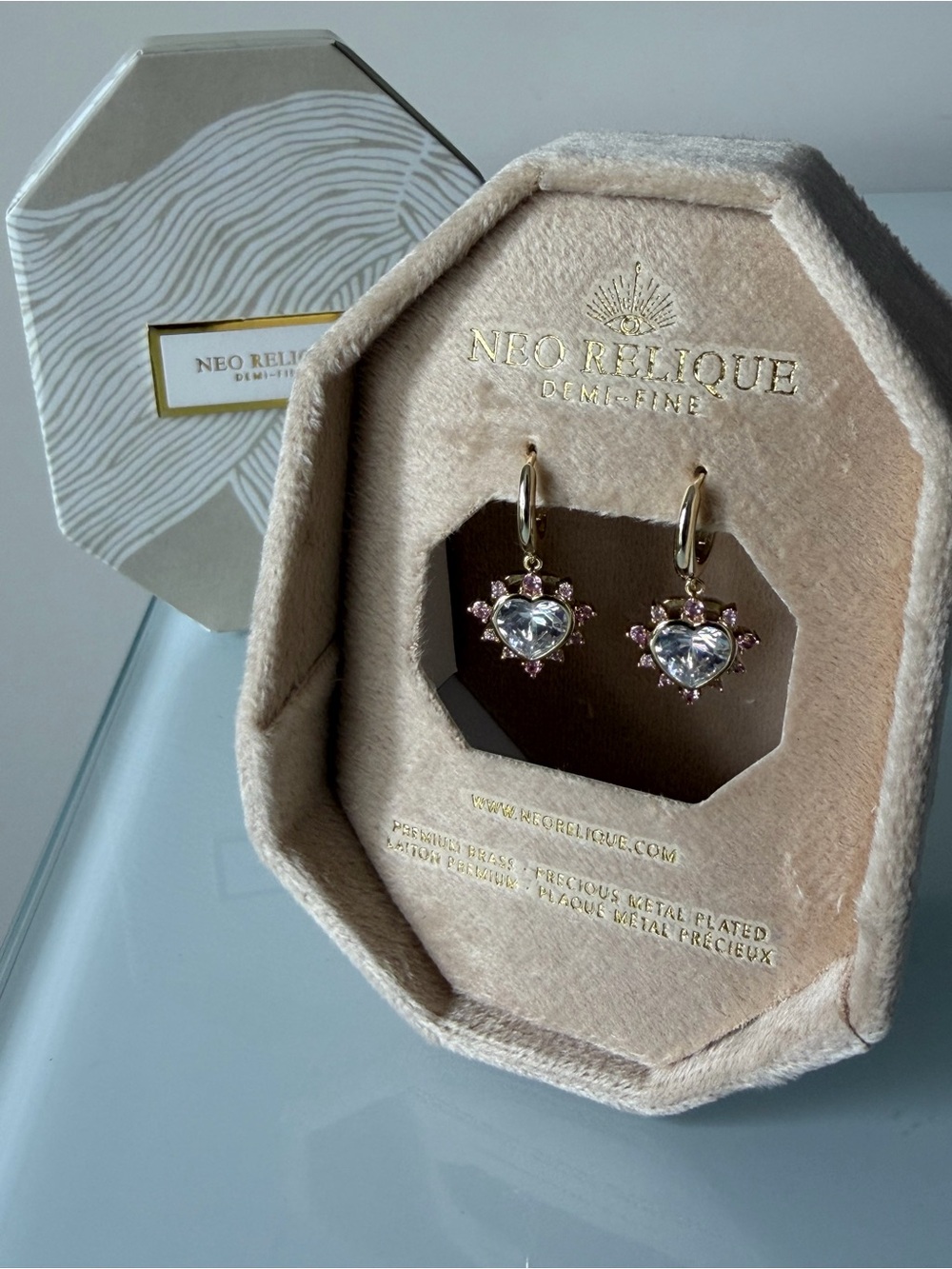 Pink heart crystal charm Gold Hoop Earrings